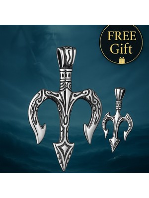 Erkek Çelik Kolye | Poseidon Trident Mitoloji Kolye Yanında Hediye Küçük Kolye