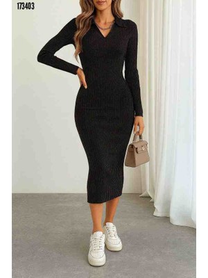 Kadın Uzun Kollu Yakalı Triko Elbise, Kırmızı Gül Figürlü Kolye Hediye