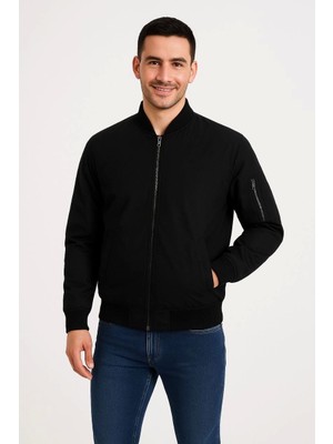 Erkek Içi Astarlı Fermuarlı Bomber Mont Ceket - Siyah