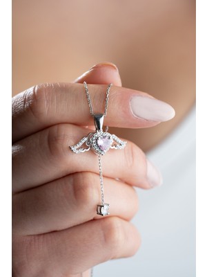 925 Ayar Gümüş Rodyum Kaplama Melek Kanatlı Hareketli Pembe Taşlı Kolye