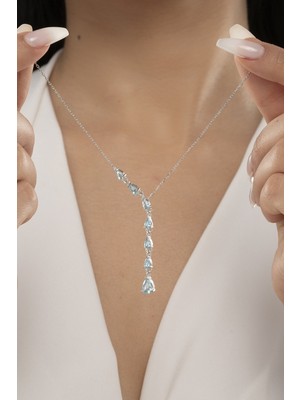 925 Ayar Gümüş Sıralı Damla Taşlı Aquamarin Kolye