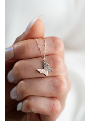 925 Ayar Rose Kaplama Minik Beyaz Kelebek Kolye Kadın Gümüş Kolye