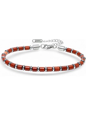 Fm Kırmızı Jasper & Silver Hematit Taşlı Ayarlanabilir Çelik Zincir Erkek Bileklik 31832B10D4M5