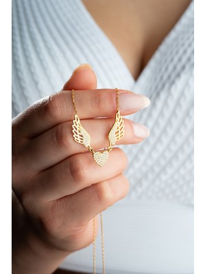 925 Ayar Gümüş Gold Kaplama Kanatlı Kalp Kolye