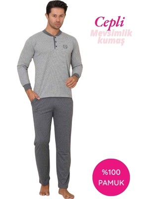 Bie's Erkek Gri 3 Düğmeli Çizgili Desen %100 Pamuk Uzun Manşetli Kol Cepli Pijama Takımı