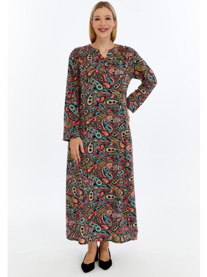 Pembe Şal Desenli Uzun Kollu Viskon Kumaş Anne Elbisesi