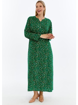 Yeşil Çıtır Desenli Uzun Kollu Viskon Anne Elbisesi – Günlük Şık