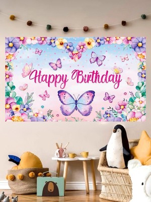 Kelebek Temalı Özel Doğum Günü Afişi Arkafonu 60X100 Vinil Branda Pankart Doğum Günü Parti Seti Süsü