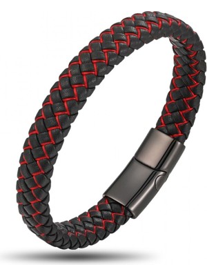 Fm Kırmızı Siyah Deri Örgü Çelik Bileklik 31833B4D2