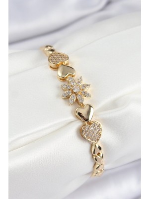 Vice Avm Pirinç Zirkon Taşlı Kalp Detaylı Çiçek Model Gold Renk Kadın Bileklik