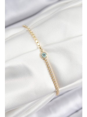 Pirinç Zirkon Taşlı Nazar Model Ezme Zincir Gold Renk Kadın Bileklik