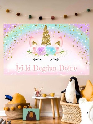 Kişiye Özel Unicorn Temalı Özel Doğum Günü Afişi Arkafonu Vinil Branda Pankart Doğum Günü Parti Seti
