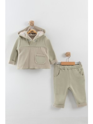 Kız Bebek Çiçek Nakışlı Kapüşonlu Kanguru Model Eşofman Takım (9-12-18 Ay)