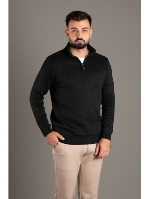 Zeki Özer Erkek Siyah Fermuarlı Dik Yaka Triko