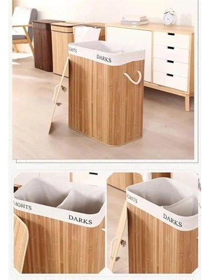 Bambu Çamaşır Sepeti, 2 Bölmeli, Çıkarılabilir Çamaşır Torbalı, Katlanabilir