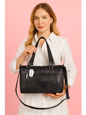 Hakiki Deri Lüks Siyah Kol Omuz Askılı Çapraz Postacı Çok Gözlü Siyah Çanta