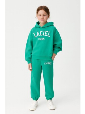 Unisex Çocuk Pamuklu Yeşil Baskılı Kapüşonlu Sweatshirt ve Paça Lastikli Eşofman Alt-Üst Takım