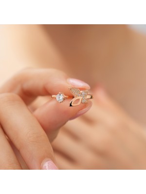 925 Ayar  Rose  Gold Kaplama Zirkon  Taşlı Üstten  Ayarlamalı  Kelebek  Gümüş  Yüzük
