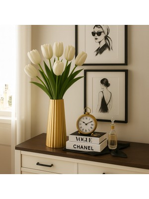 Modern Beyaz Seramik Vazo – El Yapımı Çizgili Beton Vazo – Minimalist Ev & Banyo Dekoru