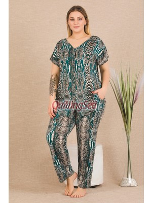 Yeşil Renk ve Desenli 11030 Kısa Kollu Gömlek Yaka Kadın Büyük Beden Anne Pijama Takımı