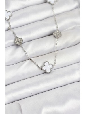 Vice Avm 316L Çelik Zincir Gümüş Renk Beyaz ve Zirkon Taşlı Yonca Kadın Kolye