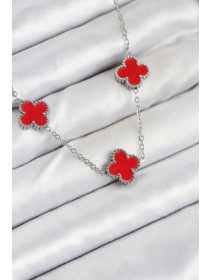 Vice Avm 316L Çelik Zincir Gümüş Kırmızı Renk Yonca Kadın Kolye