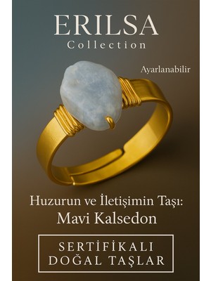 Sertifikalı Doğal Mavi Kalsedon Taşı Yüzük – Kalın Tımbıl Kasa Gold Renk Ayarlanabilir