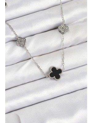 Vice Avm 316L Çelik Zincir Gümüş Renk Siyah ve Zirkon Taşlı Yonca Kadın Kolye