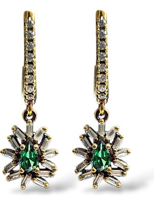 Zümrüt Taşlı Gold Sallantılı Küpe