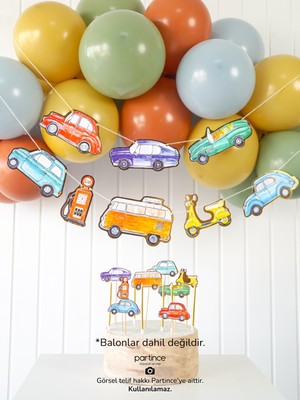 Partince 3 Parça Klasik Arabalar Tema Pasta Süsü Cake Topper Banner ve 6 Adet Metalik Gold Mum Doğum Günü Süsleme Parti Süsleme Seti