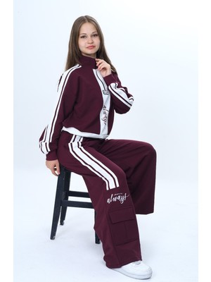 Kız  Çocuk Garni Detaylı 2iplik Yarım Fermuarlı Eşofman Takımı