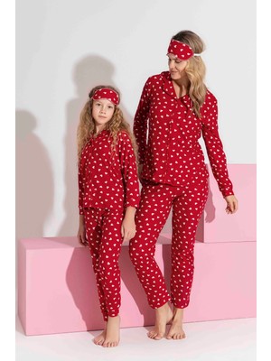 Anne-Kız Kombin Yapılabilir Düğmeli Süet Uzun Kollu  Uyku Bantlı Aile Bağı Pijama TAKIMI-3979