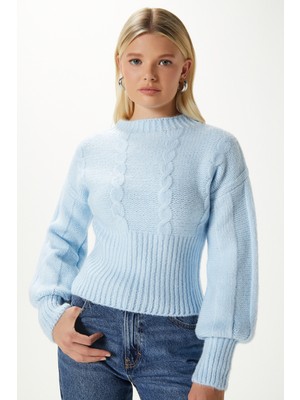 Kadın Stay Yumuşak Doku Saç Örgü Kalın Mavi Triko Kazak KZ00174