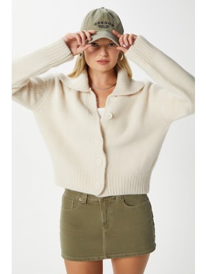 Kadın Lean Yumuşak Doku Polo Yaka Taş Basic Triko Hırka HI00179