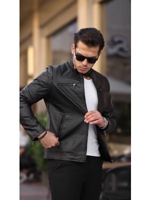 Prifaldi Yeni Sezon Dik Yaka Fermuarlı Erkek Deri Ceket Siyah
