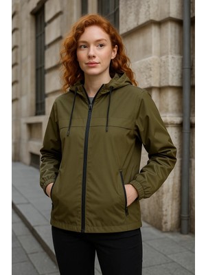 Kadın Astarlı Kapşonlu Haki Rüzgarlık & Yağmurluk