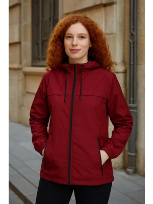 Kadın Astarlı Kapşonlu Bordo Rüzgarlık & Yağmurluk