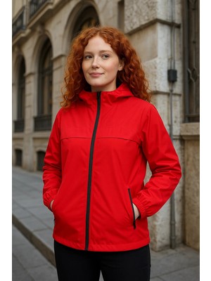 Kadın Astarlı Kapşonlu Kırmızı Rüzgarlık & Yağmurluk