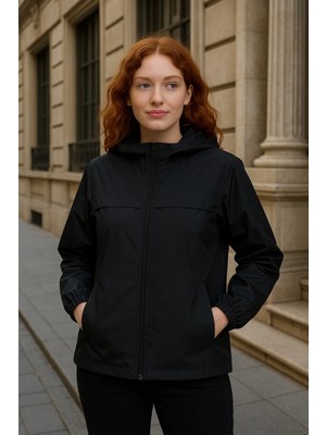 Kadın Astarlı Kapşonlu Siyah Rüzgarlık & Yağmurluk