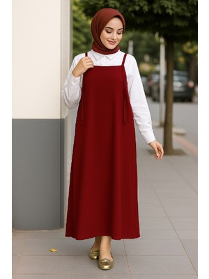 Kadın Bordo Basic Ayarlanabilir Askılı Jile Elbise