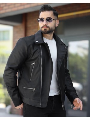 Prifaldi Yeni Sezon Çapraz Fermuarlı Premium Erkek Deri Ceket Siyah