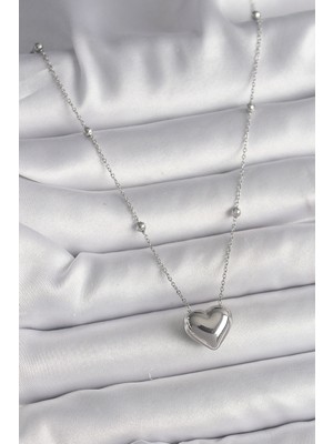 Vice Avm 316L Çelik Gümüş Renk Topçuk Detay Zincir Kalp Model Kadın Kolye