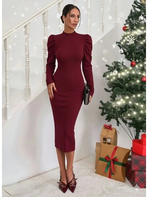 Prenses Kol Kaşkorse Elbise Bordo A3691