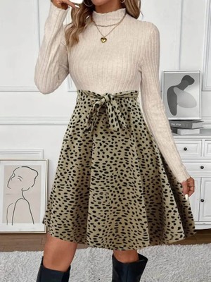 Arben Boutique Kadın Uzun Kollu Balıkçı Yaka Belden Bağlamalı Üst Kaşkorse Eteği Dalgıç Elbise