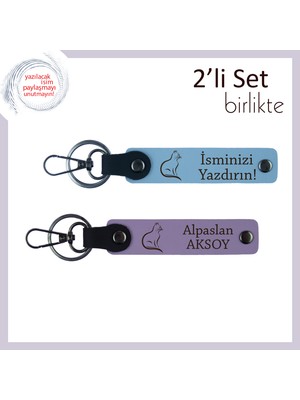 Miaju Tatlı Miyavlara Övgü Olarak, Kişisel Yazılı 2’li Kedili Anahtarlık, Gök Mavi-Mor Menekşe