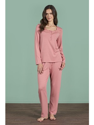 Kadın Pembe Dantel Detaylı Uzun Kollu Pijama Takımı C6T6N91
