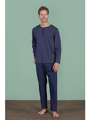 Erkek Lacivert Düğmeli Çizgili Desen Uzun Kollu Pijama Takımı C9T4N91