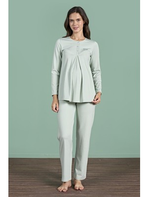 Kadın Yeşil Renk Yarım Düğmeli Uzun Kollu Lohusa Pijama Takımı C6T4N91