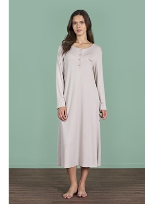 Kadın Vizon Renk Yarım Düğmeli Uzun Kollu Maxi Boy Gecelik C3T4N91