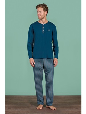 Erkek Petrol Renk Uzun Kollu Düğmeli Yaka Şerit Detaylı Alt Pijama Takımı C4T3N91